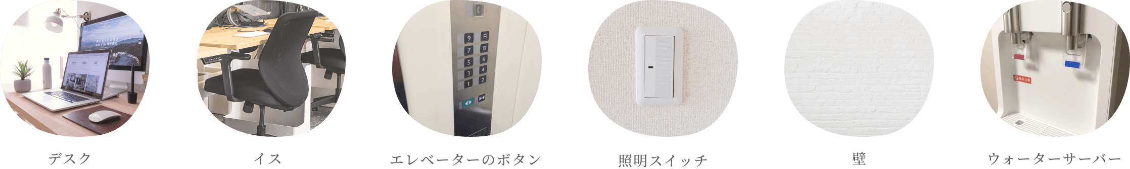 デスク、イス、エレベーターのボタン、照明スイッチ、壁、ウォーターサーバー